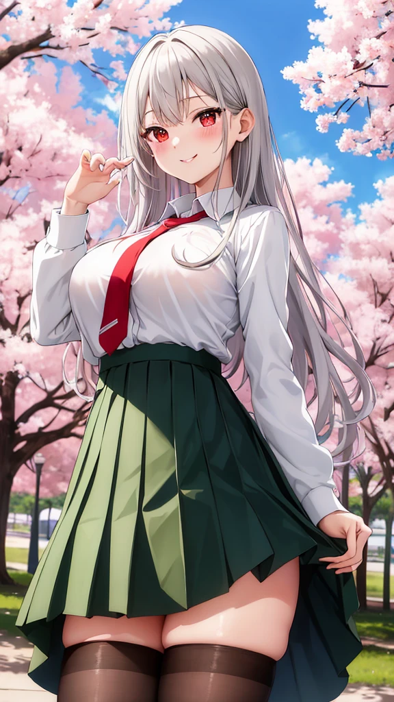 masterpiece, best quality, highres, blush stickers, long hair, large breasts, , green skirt, pleated skirt, red necktie, black pantyhose, white shirt, long sleeves, grey jacket, reaching out, smile, cherry blossoms, outdoors, cowboy shot, large breasts, up skirt panties, showing panties, blush, sexy, athletic body, silverd hair, red eyes