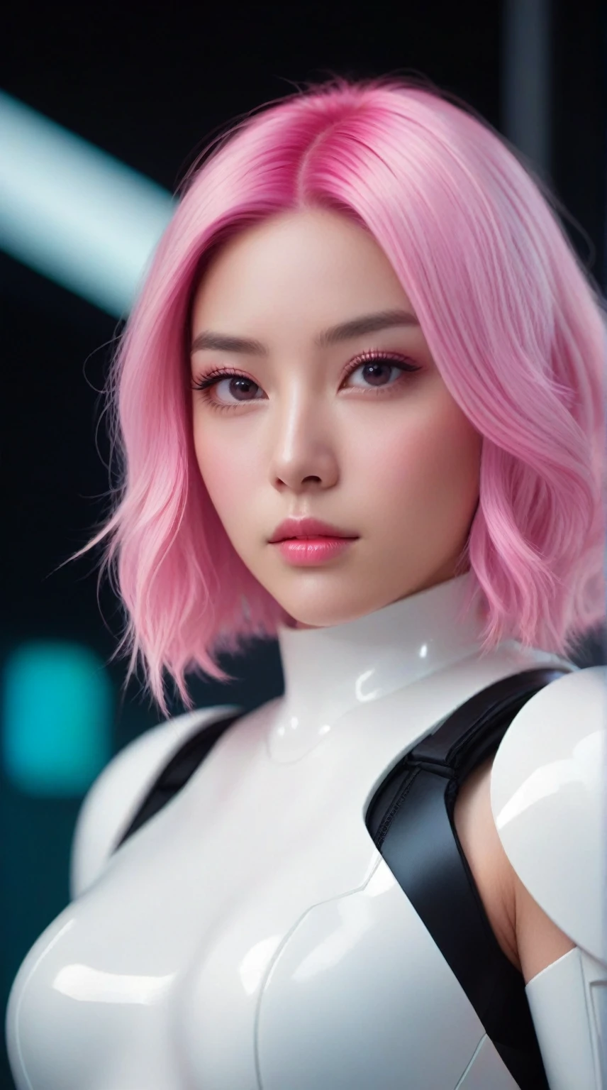 a close up of a woman with pink hair wearing a white suit, portrait of a female android, ross tran 8 k, portrait of a sci - fi woman, cute girl with short pink hair, portrait armored astronaut girl, portrait beautiful sci - fi girl, pink iconic character, with pink hair, inspired by Yanjun Cheng, portrait anime space cadet girl