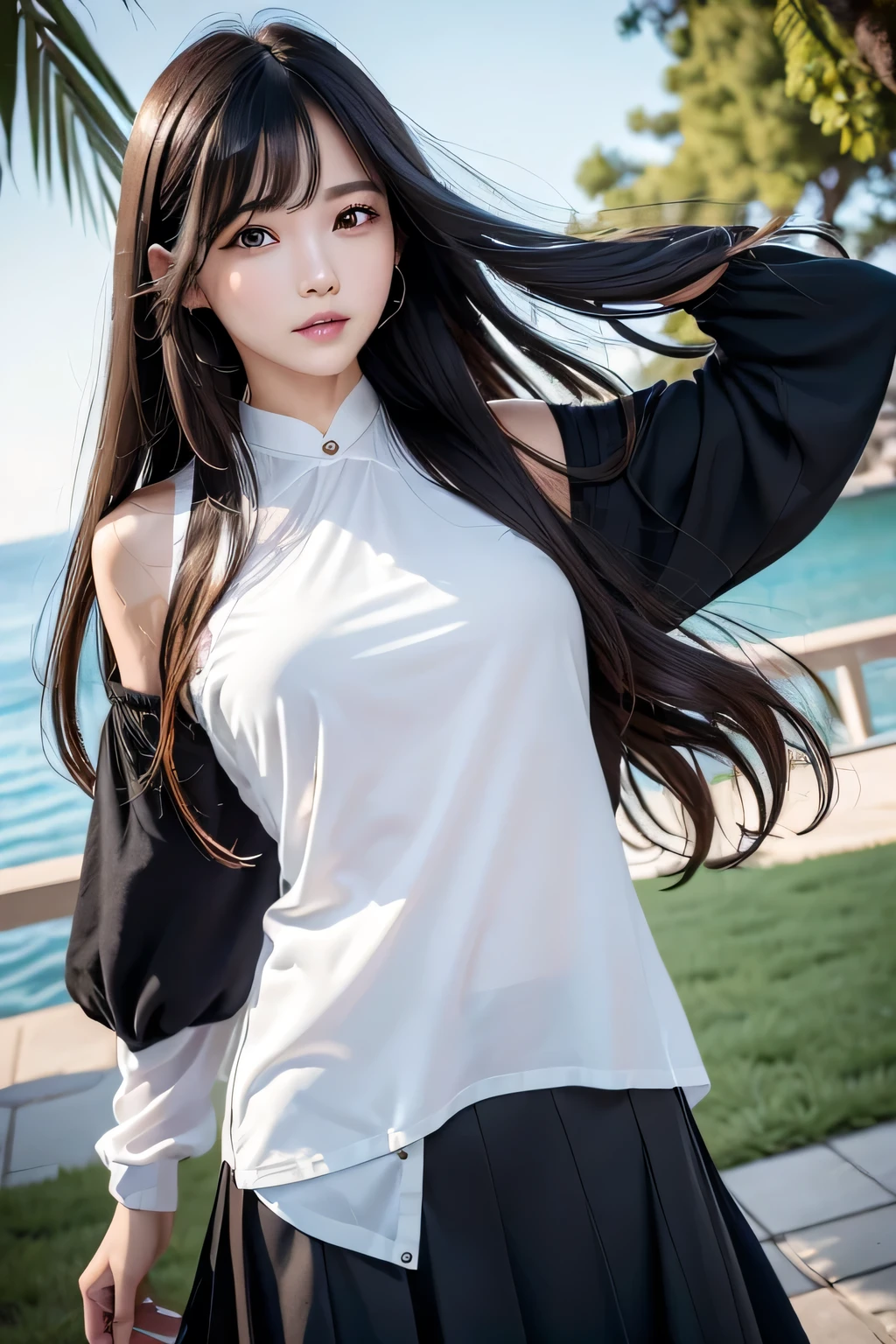 (In 8K, Raw photo:1.2)Detailed face and eyes,Best Quality, 超High resolution, Extremely detailed 、Fine details, High resolution, high quality、Perfect dynamic composition, Beautiful detailed eyes, Black Hair、long hair, Small breasts、Natural color lip、20 year old girl、1 person、Clear skin、Shiny Hair、Random facial expressionastepiece, Best Quality, Fine details, High resolution、The correct state of the human body，Hair flying in the wind、(Black long skirt)、clear、Elegant appearance、Elegant appearance