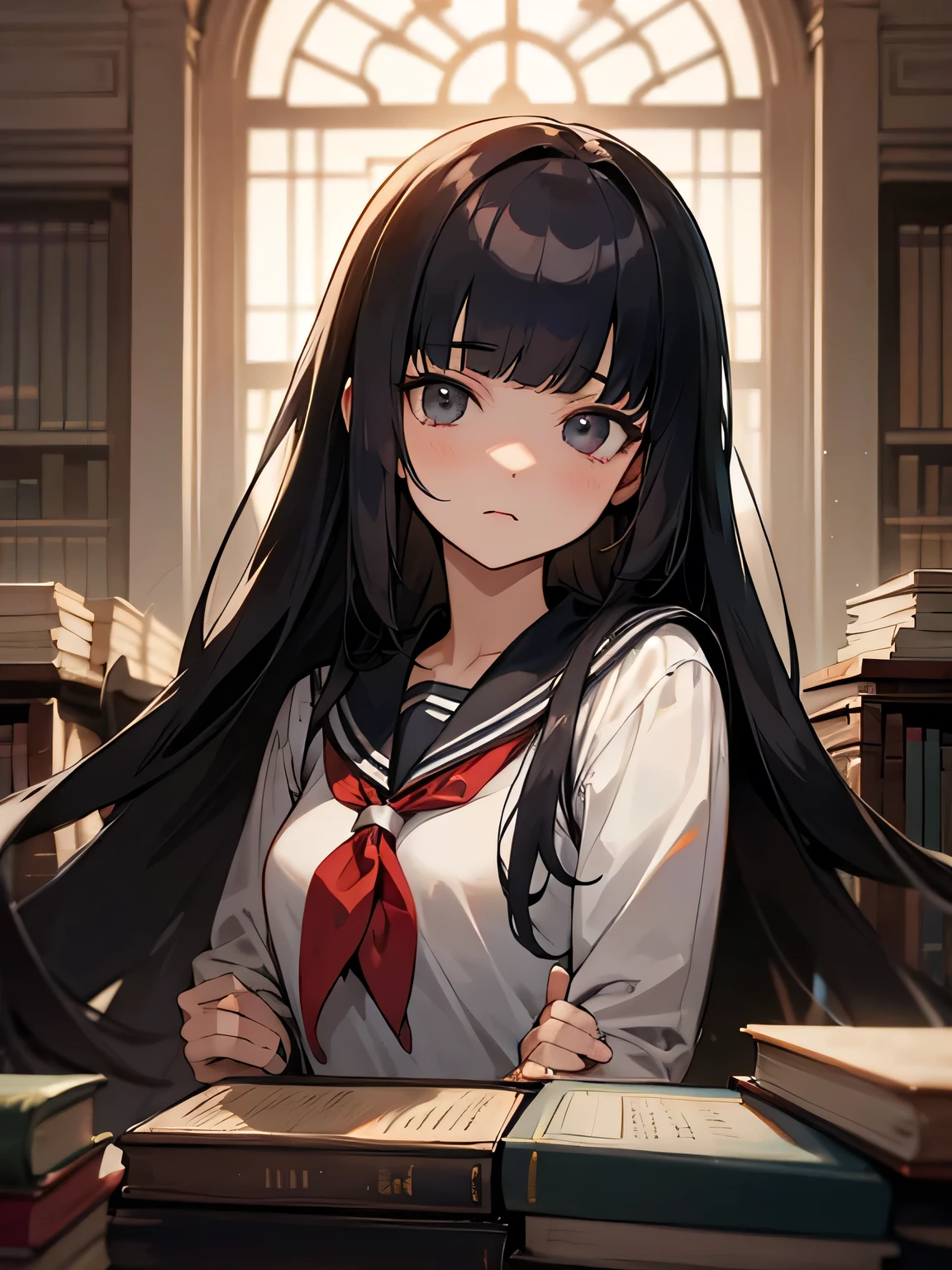 solo, upperbody, black long hair,hime cut, (very short sidelocks:0.6), (blunt bangs:1.2), gray color eyes, expression that wants to say something, black seifuku, school library, evening,