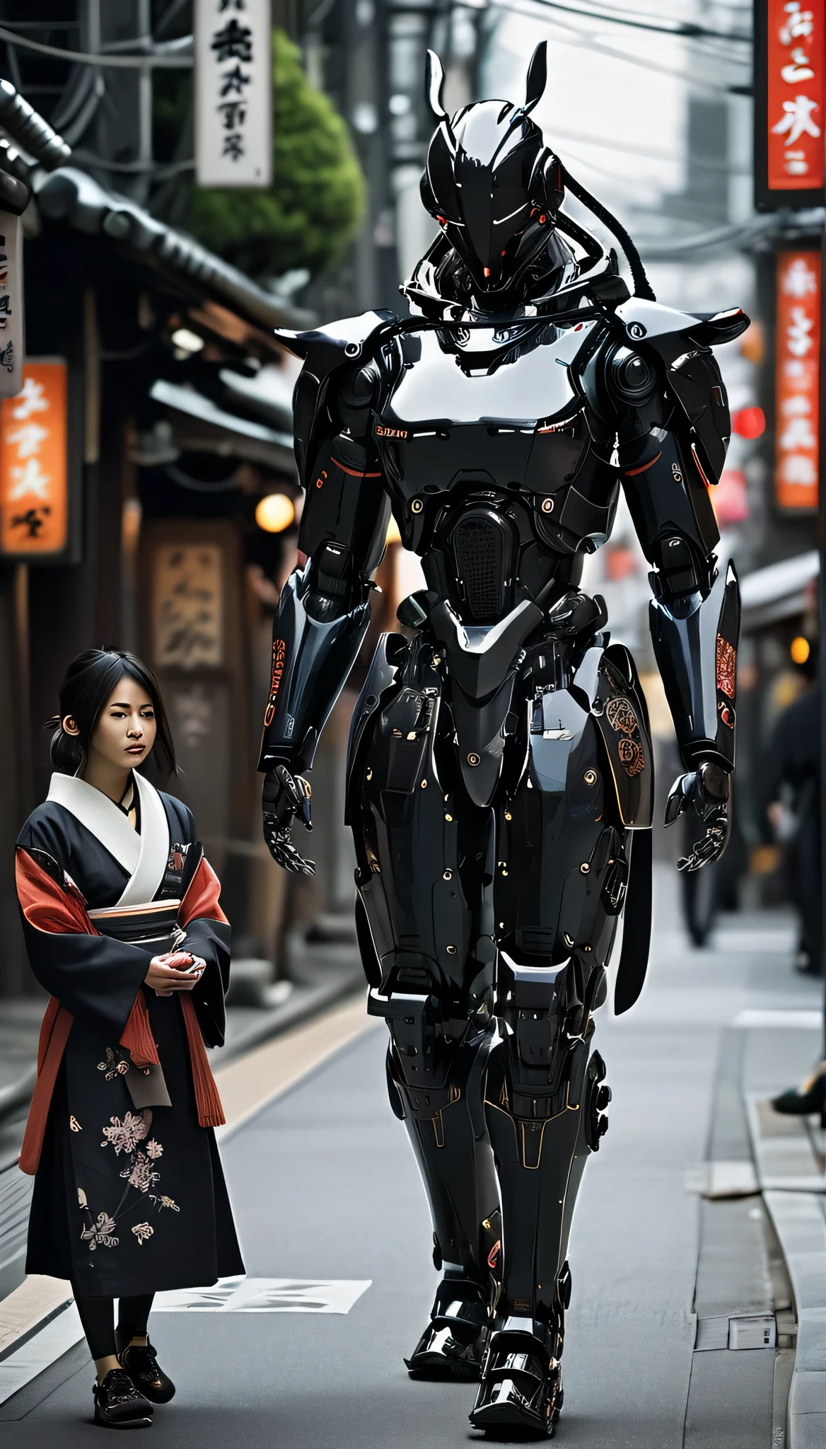 Girl walking on the street holding a phone texting, , walking next to a highly detailed and realistic samurai robot bodyguard with humanoid features. The setting is an urban street that appears to be in Japan, with a background of bright city lights and signs. The contrast between traditional clothing and futuristic robots will be striking, emphasizing the blend of historical culture with cutting-edge technology.