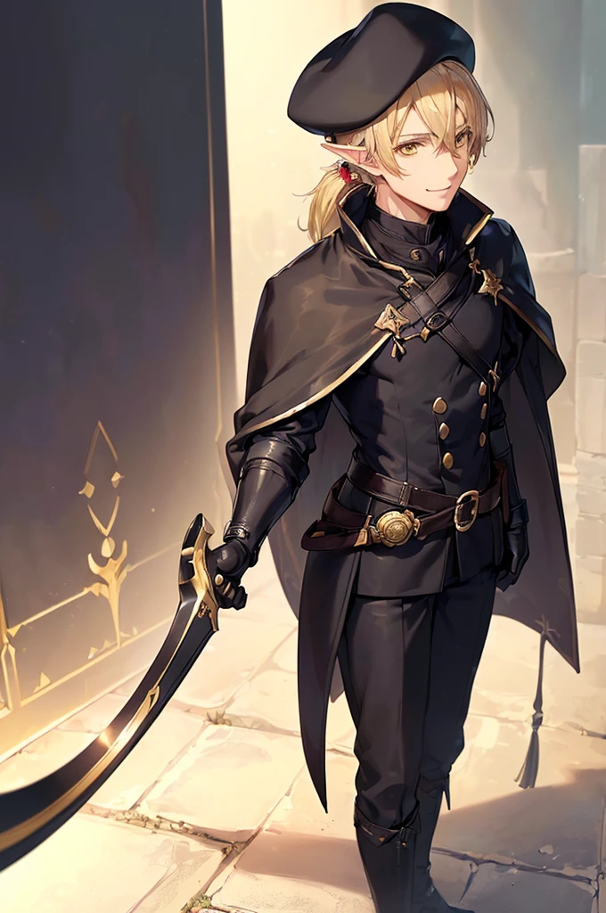 (((masterpiece; best quality: 1.2))), (finely detailed eyes: 1.3), (25 year old elf man), (solo), (yellow eyes: 1.4), (body; toned, fit, masculine: 1.3), (silky blonde hair in low ponytail: 1.3), (beautiful and clear background: 1.2), ((depth of field)), (equipment: adventurer garb + modest + elegant wide-brimmed hunter hat + black overcoat + black long cape + black pants + gloves + belt + pouches: 1.3), (anime illustration: 1.2), (background composition; royal garden: 1.1), (extremely fine and handsome: 1.1), (shot composition; standing + centered on torso + close-up: 1.5), (expression; calm, smile: 1.2)