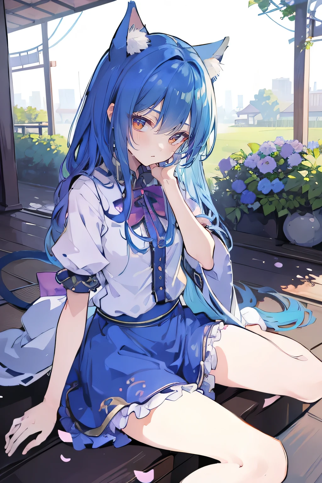 (masterpiece:1.2),ultra-detailed,realistic,expressive eyes,fair-skinned,perfectly shaped face,1girl,
Japanese cartoons,Gorgeous blue hair, flowing blue hair,floating clothes,cat ears,petals falling,beautiful Lola,Hina Angel,
hands on waist,gracefully sitting on the ground,legs crossed,gentle and serene background,cool and comfortable pavilion.