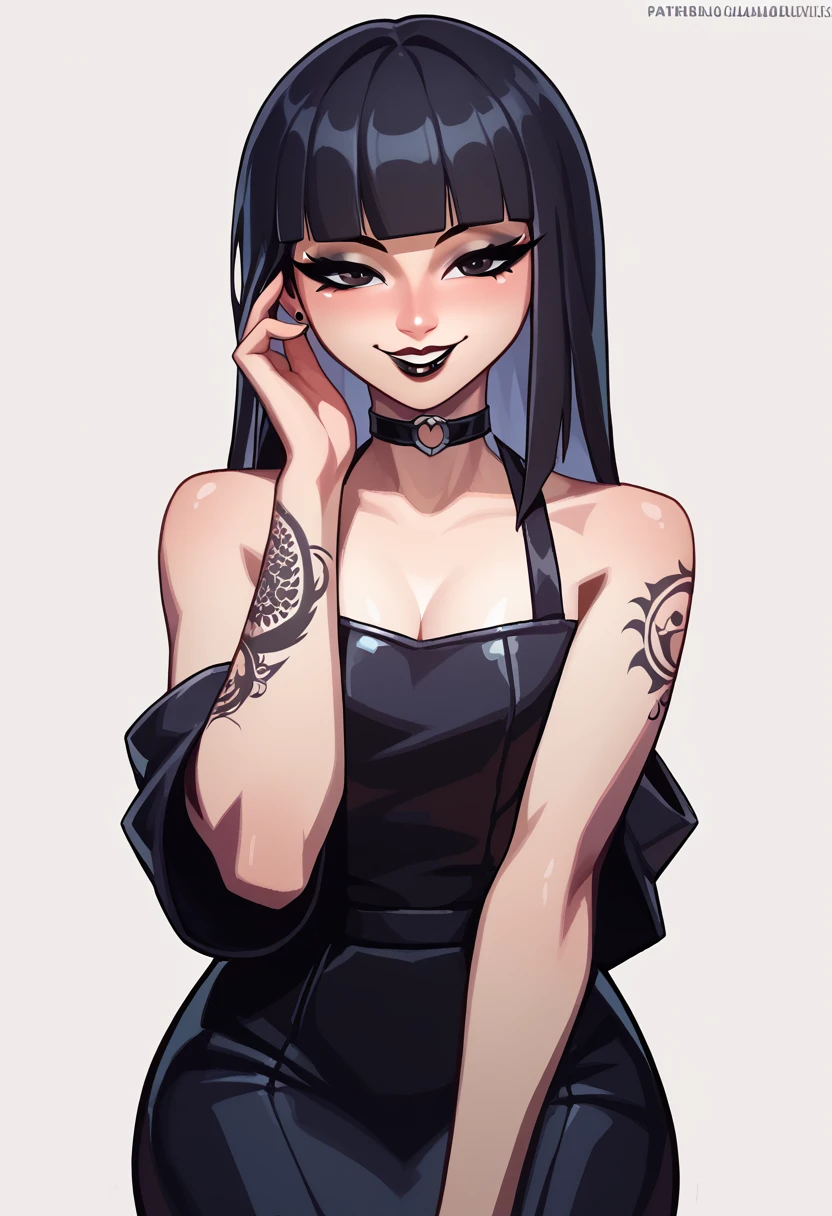 score_9, score_8_up, score_7_up, 1girl, simplified background, Asian, mafia business outfit, , sunny, lovely, hime cut hair, gentle smile, black lips, black eyes, tattoos 