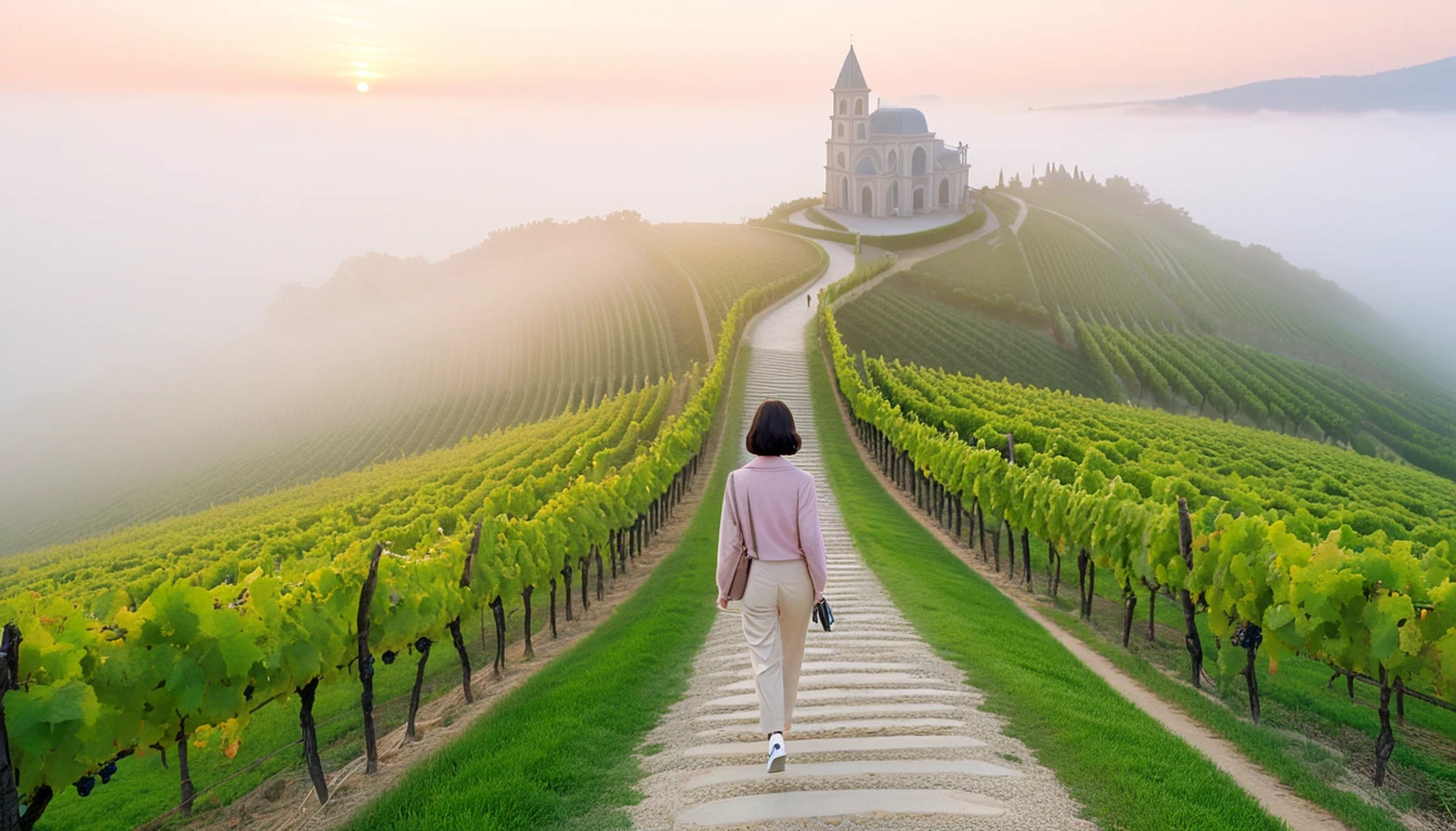 8k, high quality, Vivid picture quality, 아름다운 36세 한국 female. Son Ye-jin is inspired. Short in stature, Short hair, Light pink shirt and luxury Brent short cardigan, beige casual pants, Dawn fog, italian countryside dawn, Vineyard covered in thick fog, Cathedral. Walking on a curved path, look up. Full body with Canon camera 16-35 wide angle lens, three-dimensional vines and leaves, female , Walking down a curved path on a hill, Luxury brand sneakers, It's spring so the grapes haven't bloomed yet.