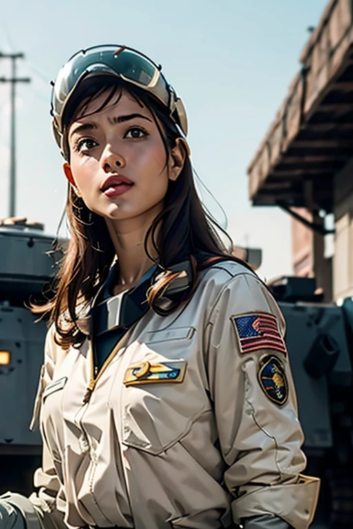 A still from a film showing a female mech pilot standing in front of her (Large combat mech:1.3), Sci-Fi Armor, military base, Strong winds, Sci-fi helmet in hand, visor, Detailed eyes, dry skin, Skin fuzz, Visible skin hair, Skin blemishes ,, Shallow depth of field, Vignette, Very detailed, big budget hollywood movie, Bokeh, CinemaScope, Sulky, amazing, nice, Film Grain