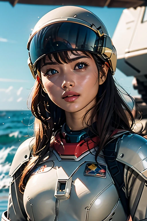 A still from a film showing a female mech pilot standing in front of her (Large combat mech:1.3), Sci-Fi Armor, military base, Strong winds, Sci-fi helmet in hand, visor, Detailed eyes, dry skin, Skin fuzz, Visible skin hair, Skin blemishes ,, Shallow depth of field, Vignette, Very detailed, big budget hollywood movie, Bokeh, CinemaScope, Sulky, amazing, nice, Film Grain