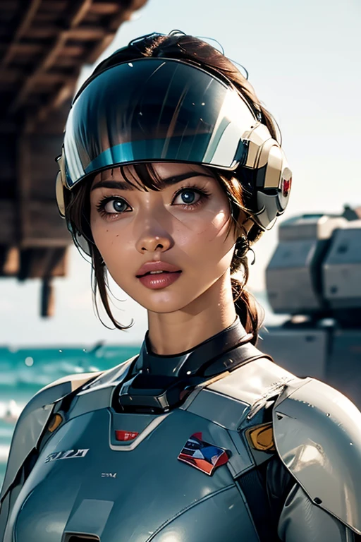 A still from a film showing a female mech pilot standing in front of her (Large combat mech:1.3), Sci-Fi Armor, military base, Strong winds, Sci-fi helmet in hand, visor, Detailed eyes, dry skin, Skin fuzz, Visible skin hair, Skin blemishes ,, Shallow depth of field, Vignette, Very detailed, big budget hollywood movie, Bokeh, CinemaScope, Sulky, amazing, nice, Film Grain