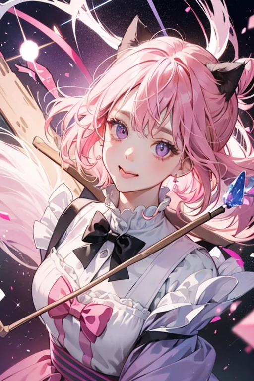 A split-colored rock candy GIRL cat Num with basic eyes and sticks her tongue out. One side is pink, the other is purple. Plugged on top of her sticks out two wooden sticks, attached to a pale pink frosting bow. SPARKLE; GLITTER