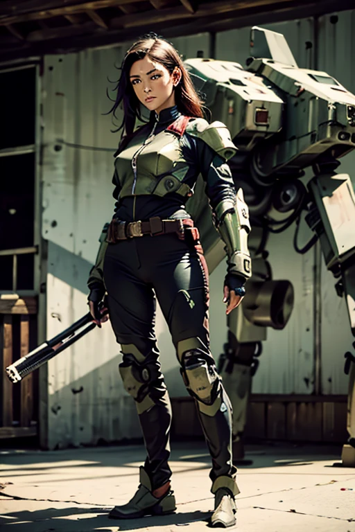 A still from a film showing a female mech pilot standing in front of her (Large combat mech:1.3), Sci-Fi Armor, military base, Strong winds, Sci-fi helmet in hand, visor, Detailed eyes, dry skin, Skin fuzz, Visible skin hair, Skin blemishes ,, Shallow depth of field, Vignette, Very detailed, big budget hollywood movie, Bokeh, CinemaScope, Sulky, amazing, nice, Film Grain