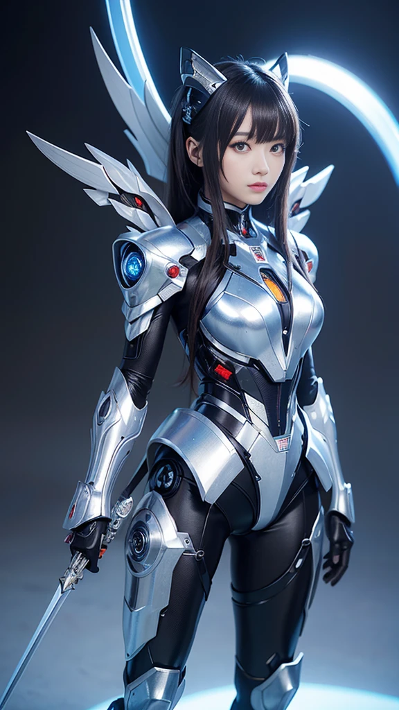top-quality、tmasterpiece、超A high resolution、Arad woman in a futuristic suit with wings and sword, girl in mecha cyber armor, cyberpunk anime girl mech, anime robotic mixed with organic, Mechanized Valkyrie girl, perfect anime cyborg woman, Cute cyborg girl, female mecha, simple futurist cyborg empress, beautiful girl cyborg, Beautiful robot character design,((Super realistic details))， Realistic character art rendering 8 K, anime robots