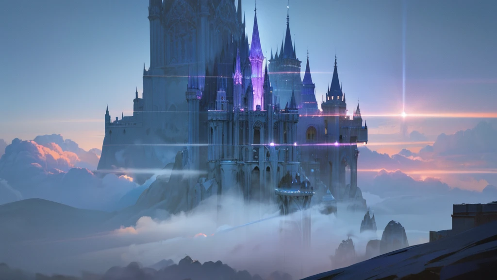 a majestic castle in the sky, a futuristic palace floating above the clouds, intricate architecture, glowing crystalline structures, advanced technology, holograms, antigravity, dramatic lighting, vibrant blue and purple hues, cinematic composition, epic scale, (best quality,4k,8k,highres,masterpiece:1.2),ultra-detailed,(realistic,photorealistic,photo-realistic:1.37),cinematic lighting,volumetric fog,dynamic camera angle,concept art