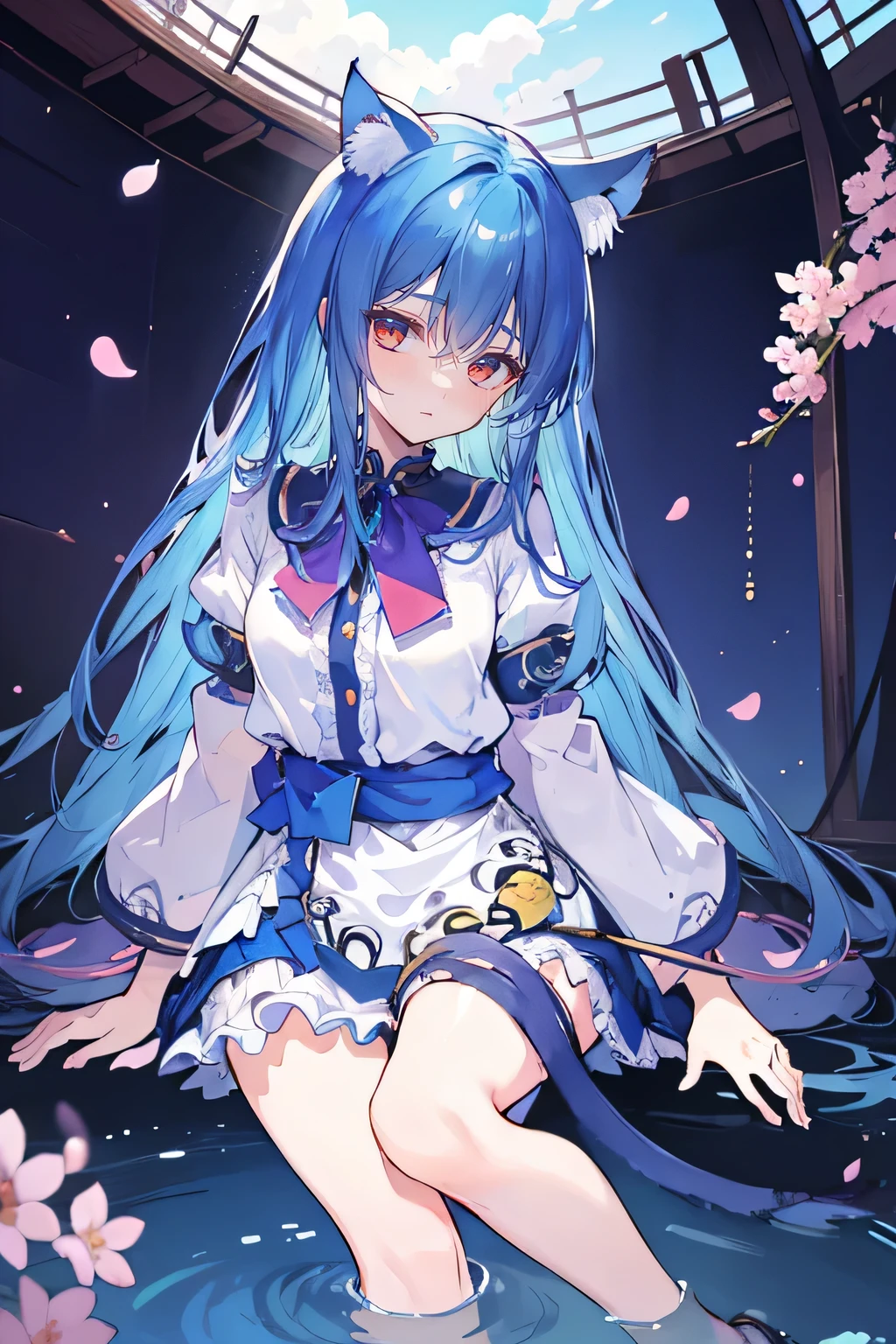 (masterpiece:1.2),ultra-detailed,realistic,expressive eyes,fair-skinned,perfectly shaped face,1girl,
Japanese cartoons,Gorgeous blue hair, flowing blue hair,floating clothes,cat ears,petals falling,beautiful Lola,Hina Angel,
hands on waist,gracefully sitting on the ground,legs crossed,gentle and serene background,cool and comfortable pavilion.