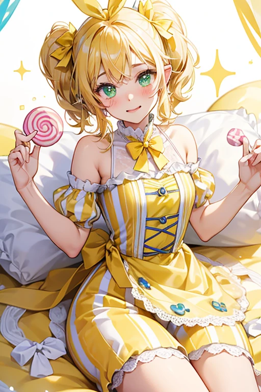 A candy resting in a yellow and white striped wrapper with a basic winking expression and blushed cheeks. Her knotted ears are lighter, each held with a light green bow. SPARKLE; GLITTER