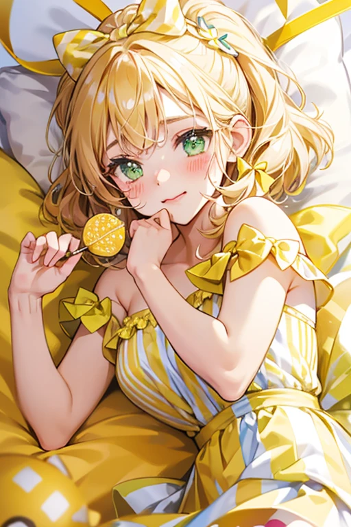 A candy resting in a yellow and white striped wrapper with a basic winking expression and blushed cheeks. Her knotted ears are lighter, each held with a light green bow. SPARKLE; GLITTER