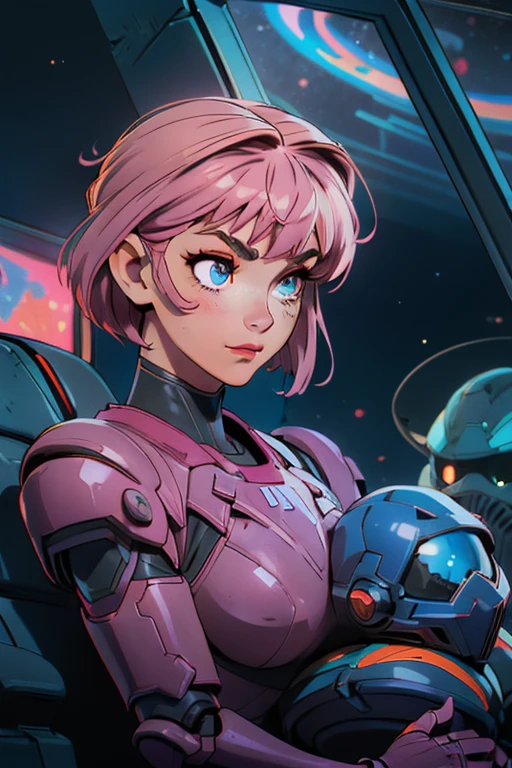 a cartoon picture of a woman in a futuristic suit with a gun, shotgun, two handed gun, firearm, longarm, sexy, professional artwork, detailed eyes, beautiful eyes, beautiful face, flawless face, gorgeous face, smooth features, blush, thick thighs, beautifully detailed background, sci-fi, science fiction, future, neon lights, space ship interior, space ship, space, space visible through window, outer space, mechanical background, power armor, power suit, armored, armor, cyberpunk, cyborg, cyborg woman, cybernetics, cybernetic, robot, robotic arm, robotic leg, smiling, pixie cut, very short hair, black armor, heavy armor, mecha suit, retro armor, bare metal armor, rust, dark armor suit, armor suit, metal breastplate, fully armored, full plate, power armor, fully covered, voluptuous, curvaceous, thicc, chubby, full figured