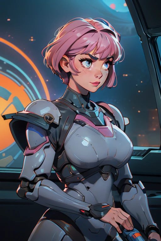 a cartoon picture of a woman in a futuristic suit with a gun, shotgun, two handed gun, firearm, longarm, sexy, professional artwork, detailed eyes, beautiful eyes, beautiful face, flawless face, gorgeous face, smooth features, blush, thick thighs, beautifully detailed background, sci-fi, science fiction, future, neon lights, space ship interior, space ship, space, space visible through window, outer space, mechanical background, power armor, power suit, armored, armor, cyberpunk, cyborg, cyborg woman, cybernetics, cybernetic, robot, robotic arm, robotic leg, smiling, pixie cut, very short hair, black armor, heavy armor, mecha suit, retro armor, bare metal armor, rust, dark armor suit, armor suit, metal breastplate, fully armored, full plate, power armor, fully covered, voluptuous, curvaceous, thicc, chubby, full figured