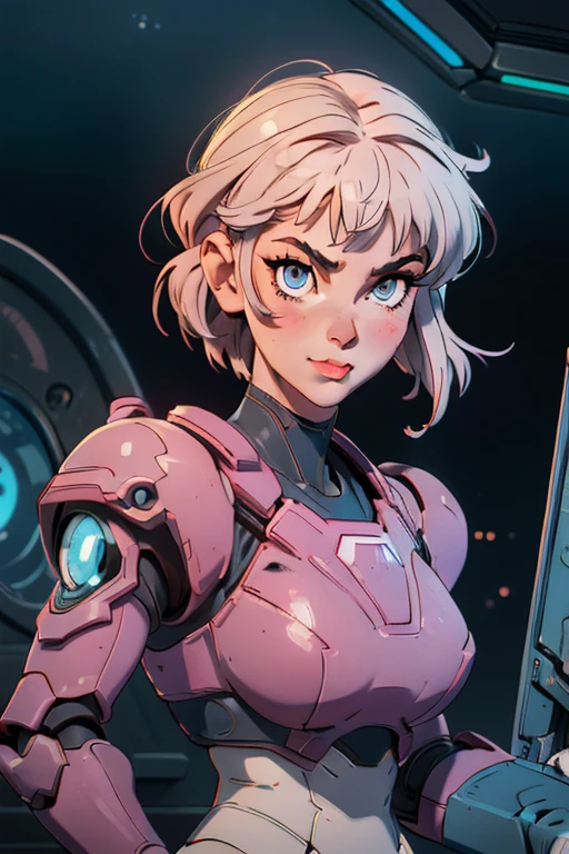 a cartoon picture of a woman in a futuristic suit with a gun, shotgun, two handed gun, firearm, longarm, sexy, professional artwork, detailed eyes, beautiful eyes, beautiful face, flawless face, gorgeous face, smooth features, blush, thick thighs, beautifully detailed background, sci-fi, science fiction, future, neon lights, space ship interior, space ship, space, space visible through window, outer space, mechanical background, power armor, power suit, armored, armor, cyberpunk, cyborg, cyborg woman, cybernetics, cybernetic, robot, robotic arm, robotic leg, smiling, pixie cut, very short hair, black armor, heavy armor, mecha suit, retro armor, bare metal armor, rust, dark armor suit, armor suit, metal breastplate, fully armored, full plate, power armor, fully covered, voluptuous, curvaceous, thicc, chubby, full figured