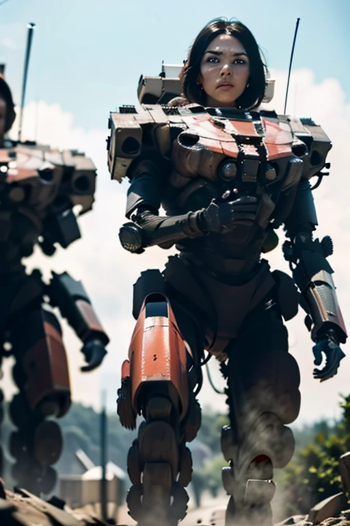 A still from a film showing a female mech pilot standing in front of her (Large combat mech:1.3), Sci-Fi Armor, military base, Strong winds, Sci-fi helmet in hand, visor, Detailed eyes, dry skin, Skin fuzz, Visible skin hair, Skin blemishes ,, Shallow depth of field, Vignette, Very detailed, big budget hollywood movie, Bokeh, CinemaScope, Sulky, amazing, nice, Film Grain