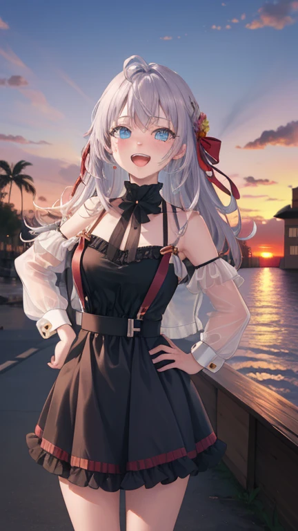 Alisa Kujou,
(sunset:1.7), 1 girl standing at attention, 22 years,young female,beautiful Finger, beautiful long legs ,beautiful body ,beautiful Nose ,beautiful character design, Perfect eyes, perfect face,
there is an anime girl., 1 girl, Thighs, Alone, Blue eyes, old, black dress ,elegant , long socks (((short dress))) , neckline, bow, hand on hip, blush, black Thighs, bowtie, inside, brown shoes, The Great Passage, moccasins, heels, old, looking at the viewer, take half distance, close up shot of open mouth, Thighs,
looking at the viewer, SMILE, greeting the viewer, In the center of the image, Fondo de pantalla CG unity 8k extremadamente detallado, perfect lighting,showy, bright_forehead_face_Lightinasterpiece:1.0),(better_quality:1.0), ultra high resolution,4k,ultra detailed,
Photography, 8k, HDR, high resolution, absurdities:1.2, portrait of codas, film grain, blurred background, bokeh:1.2, Lens flare, (Vibrant_color:1.2)
, (beautiful_face:1.5),(narrow_waist), (beautiful)