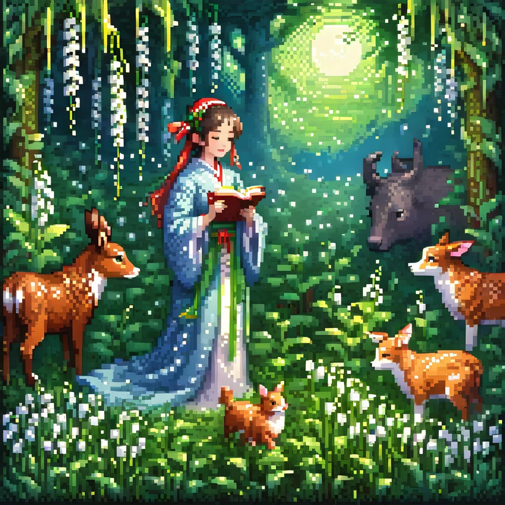 A shrine maiden singing in the middle of a forest lily of the valley flower field, surrounded by friendly animals, illuminated by the moonlight in the middle of the night. in a pixel art style, detailed , best quality, masterpiece, ultra intricate detailed, high detailsone 