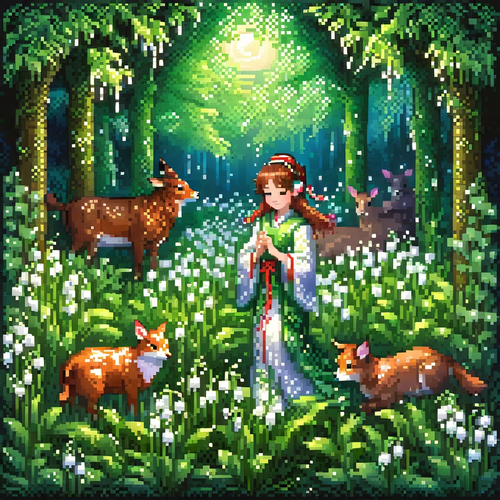 A shrine maiden singing in the middle of a forest lily of the valley flower field, surrounded by friendly animals, illuminated by the moonlight in the middle of the night. in a pixel art style, detailed , best quality, masterpiece, ultra intricate detailed, high detailsone