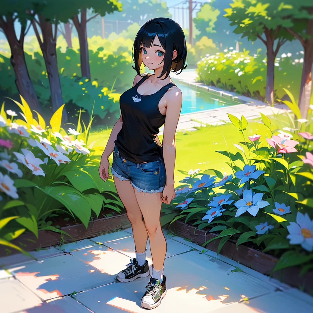 (high quality, High resolution, Very detailed, reality:1.37), Peaceful atmosphere, (Outdoor, garden), Teenage girl standing alone, (my breasts are big.), Beautiful details, Cute Smile, (Black bob hair), White tank top, Denim shorts, Blue socks, sneakers.