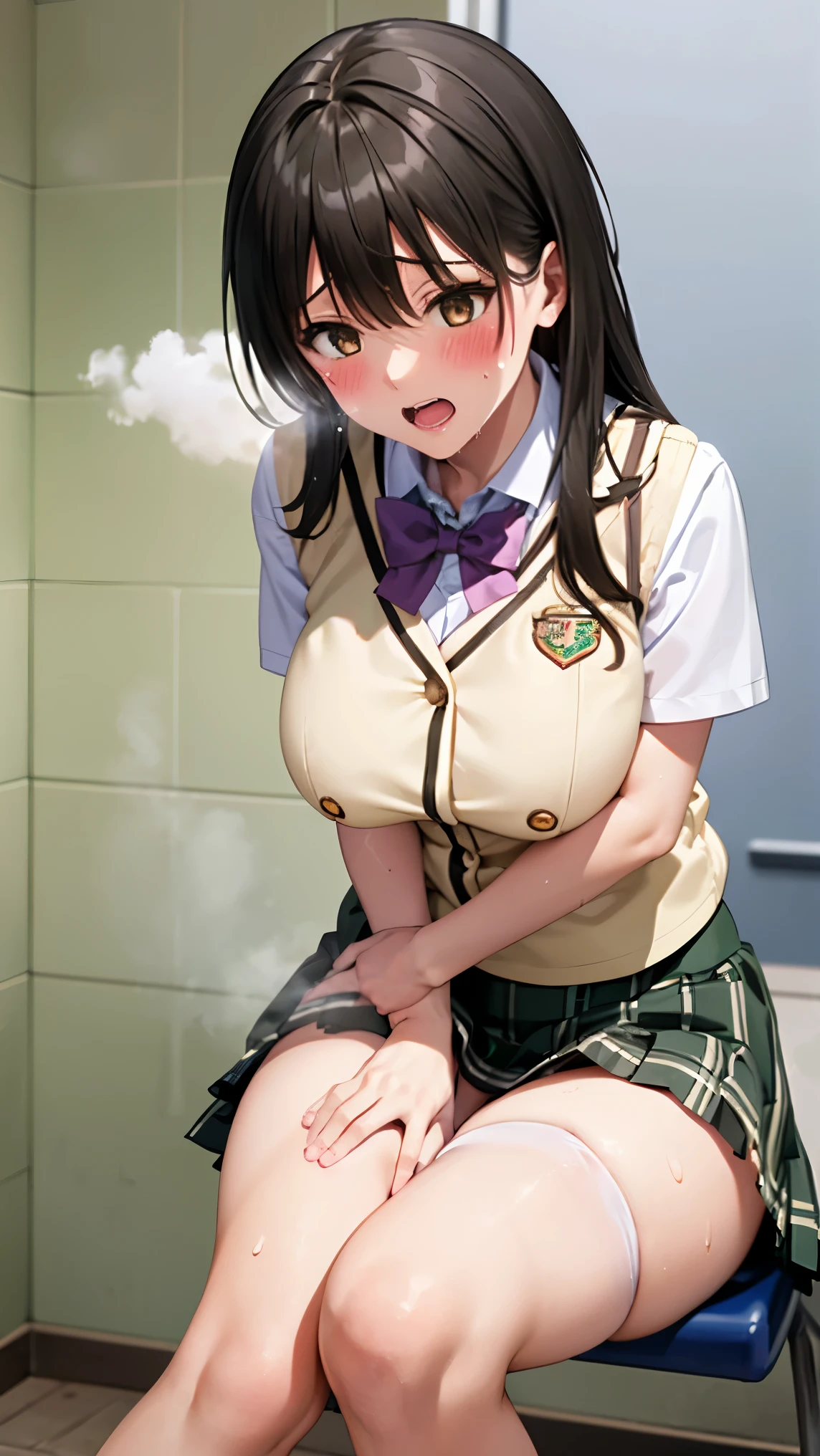 best quality,1girl,((big breasts:1.3)),curvy,((orgasm,blush,sweat,steam:1.3)),yui kotegawa, black hair, (brown eyes:1.5), long hair, green skirt, plaid, plaid skirt,((sainan high , school uniform)), skirt, short sleeves,((lift skirt,upskirt,white panties,lace panties:1.1)),thighhighs,remote controller, remote control,crotchAngle,head out of frame,lower body,have to pee,covering crotch,(((hand between legs))),knees together feet apart,stand,standing,リモコン,boy