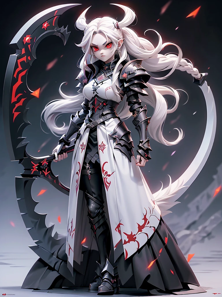 (((Masterpiece, best quality, 16k)))(Realistic)((Full body shot)) Slender female character with long white hair and piercing red eyes. She wears a demonic armor in purple, black, and white. wields a large, stylized scythe. The character has a menacing expression, with a chaotic environment as the background. ((full body front view)). ((slender)), (extremely detailed:1.5), (long white hair:1.2), (piercing red eyes:1.2), (chaotic environment:1.1), (demonic armor:1.3), (stylized scythe:1.3).