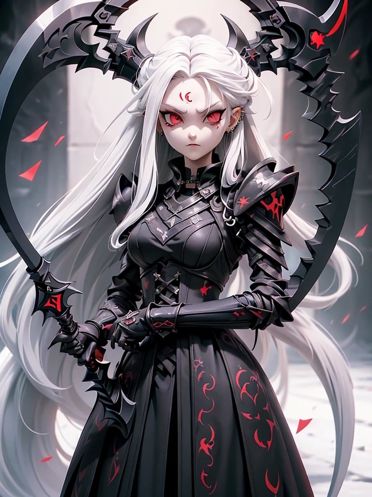(((Masterpiece, best quality, 16k)))(Realistic)((Full body shot)) Slender female character with long white hair and piercing red eyes. She wears a demonic armor in purple, black, and white. wields a large, stylized scythe. The character has a menacing expression, with a chaotic environment as the background. ((full body front view)). ((slender)), (extremely detailed:1.5), (long white hair:1.2), (piercing red eyes:1.2), (chaotic environment:1.1), (demonic armor:1.3), (stylized scythe:1.3).