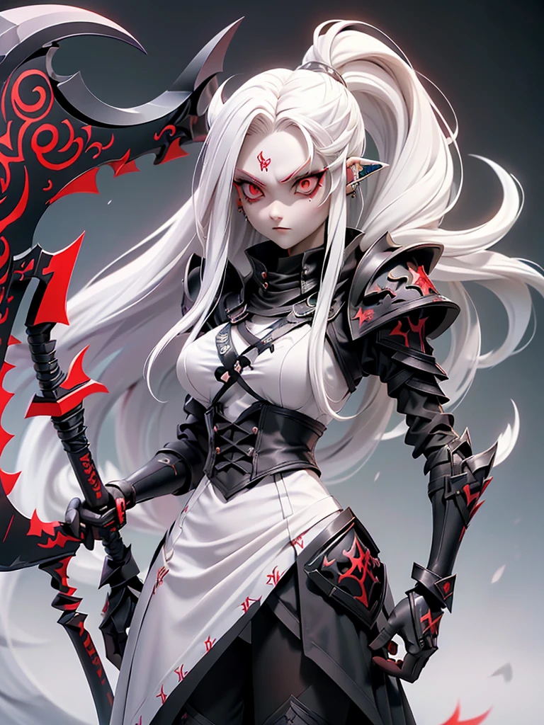  (((Masterpiece, best quality, 16k)))(Realistic)((Full body shot)) Slender female character with long white hair and piercing red eyes. She wears a demonic armor in purple, black, and white.  wields a large, stylized scythe. The character has a menacing expression, with a chaotic environment as the background. ((full body front view)). ((slender)), (extremely detailed:1.5), (long white hair:1.2), (piercing red eyes:1.2), (chaotic environment:1.1), (demonic armor:1.3), (stylized scythe:1.3).