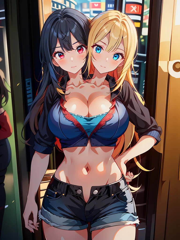 (masterpiece),(ultra-detailed), (high quality), (high resolution), (best quality:1.5, highres, UHD), highres, absurdo, ultra detail, ultra quality, ((3heads:1.5)), 1girl, ((black hair)), ((long blonde hair)), (red eyes:1.5), (blue eyes:1.5), (different eye color), thighs, seductive smile, seductive expression, seductive woman, blushing, beautiful girl, Ultra resolution, 16k, detailed face, ((slim hips)), sassy, flirty, mature woman, sexy beautiful woman, (cleavage), (exposed midriff), crop top, shorts