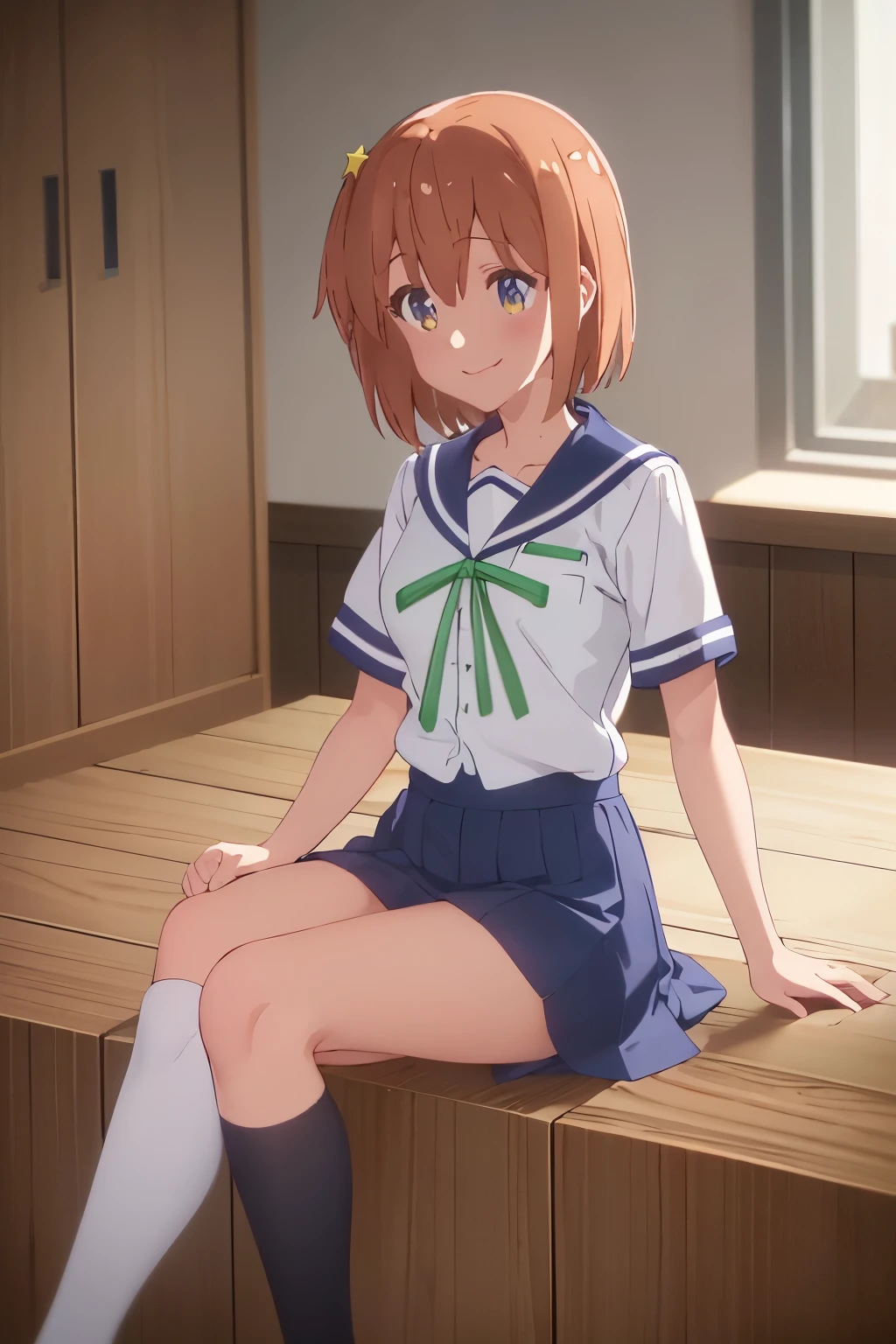 {Highest quality:1.5}, (masterpiece:1.3), High resolution, Sitting, one person, one personの少女, is open_mouth, アニメ_Coloring, clavicle, White_socks, White_Knee-high socks, looking at viewer, (Beautiful attention to detail:1.6), Highly detailed face, Highly detailed CG, (Perfect hands), Low angle, flat chested, Slender, leggy, small breasts, glistening, smile, joyful, big smile, happy smile, heartwarming smile, :d, Sailor suit, Short sleeve_uniform, uniform, green_ribbon, Navy Blue_skirt, White_socks, White knee-high socks, brown_loafers,