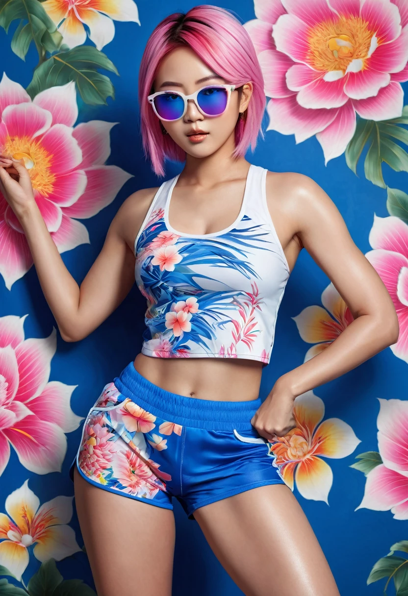 ((work of art, Maximum quality, high resolution)), ((highly detailed 8K unified CG wallpaper)), (Asian woman, 1,72m), (skin fair, Asian appearance), (extremely seductive), (Very defined muscles), (fully body), (wearing blue shorts with floral prints), (white top with tribal prints), (wearing sports glasses with yellow 90 lenses% transparent), (pink  hair)