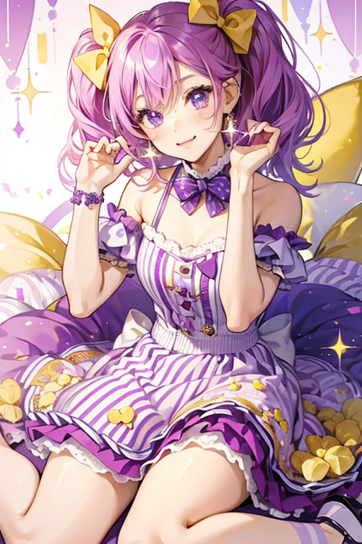 A candy resting in a purple and white striped wrapper held with two yellow bows. She has a winking face expression. SPARKLE; GLITTER