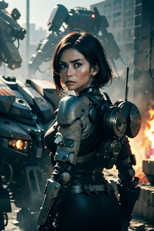 A still from a film showing a female mech pilot standing in front of her (Large combat mech:1.3), Sci-Fi Armor, military base, Strong winds, Sci-fi helmet in hand, visor, Detailed eyes, dry skin, Skin fuzz, Visible skin hair, Skin blemishes ,, Shallow depth of field, Vignette, Very detailed, big budget hollywood movie, Bokeh, CinemaScope, Sulky, amazing, nice, Film Grain