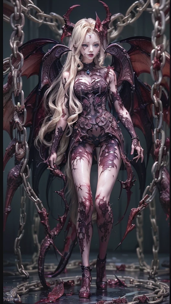 (32K:1.5, Dark fantasy:1.4, Highest quality, masterpiece, Ultra-high resolution), Perfect dynamic composition:1.3, Horror Portrait, chaos, Dark Background:1.3, Prisoner, slave, Dark Demon World, god々Shii, (Detailed tattoos on the whole body:1.4, wearing exquisite jewelry:1.4), Very detailedな肌と顔の質感:1.3, Very accurate, Very detailed, (Sexy succubus demon with big wings:1.3, Incredibly slim body:1.3, Beautiful and aesthetic:1.3), Horn, Fair skin, Sensual posture, ((Properly dressing badly torn clothing:1.3)), Mid-chest, (Big eyes that exude eroticism:0.4, Feel the stimulating caress:1.0, Please open your mouth a little, lipstick, Feel the eroticism:0.9, Too sexy:0.9, charm的な:0.9), ((Bloody:1.5, Covered in scars:1.5, Body necrosis:1.6, Lots of chains:1.6, Countless chains tangled in clothes:1.6, Chain your right arm:1.5, Chain the left arm:1.5, The right leg is bound with a shackle and chain:1.5, The left leg is bound with a shackle and chain:1.5)), Super long blonde curly hair, Earrings, necklace, bracelet, romantic, god秘的, elegant, Object of admiration, original, dramatic, artistic, Innovative, charm, Heartful, Fancy, sense of openness, sense of cleanliness, special, exciting, grotesque, Extreme, Tilt, sense of loss, sorrow, sorrowの表現, ((大人のcharm, 女性的なcharm))