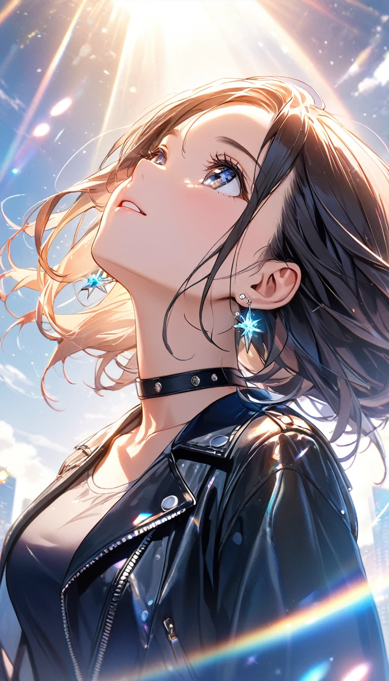 best quality, super_delicate, beautiful, 8k, looking up, jacket, earrings, leather choker, lens_flare, bright