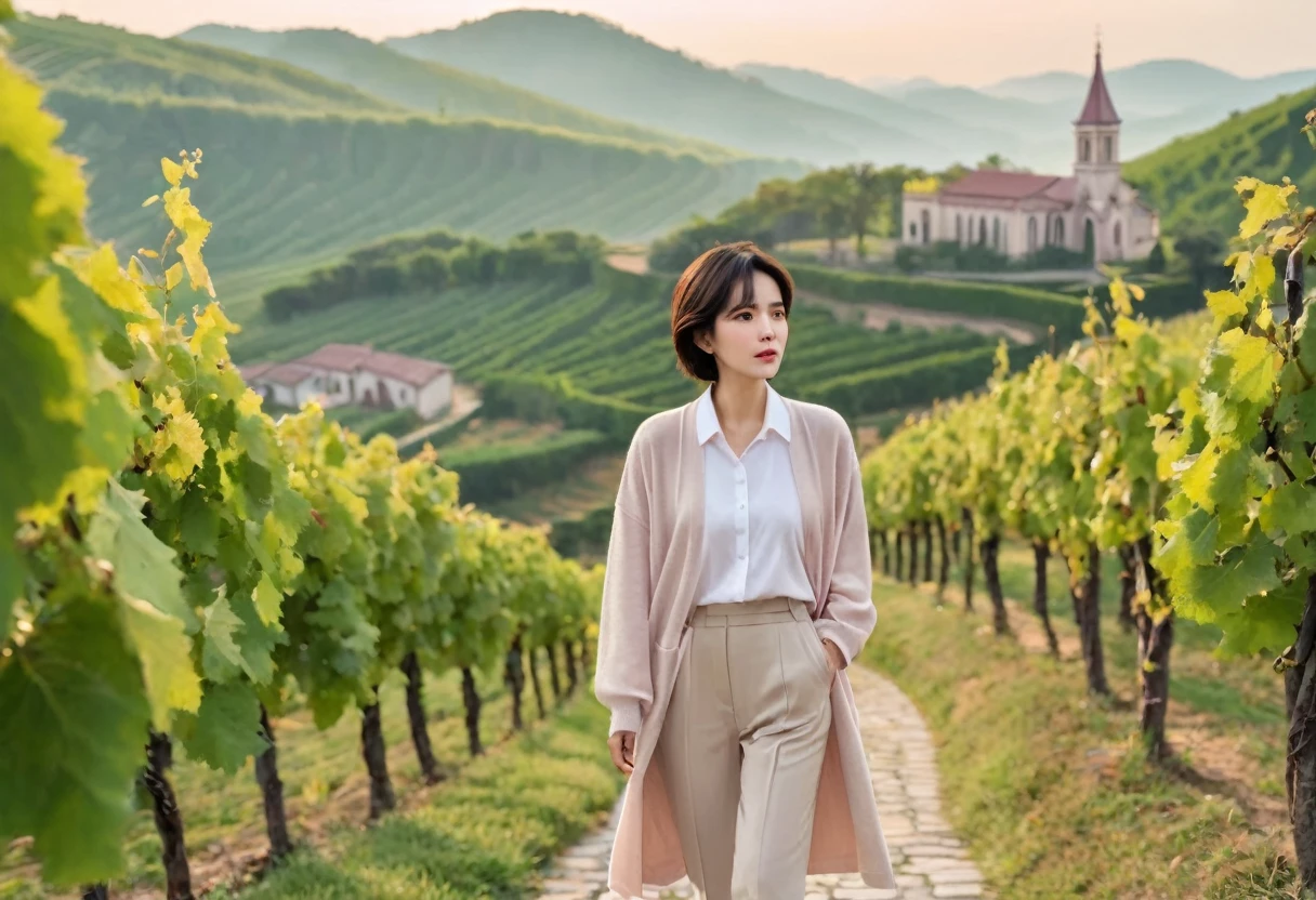 8k, high quality, Vivid picture quality, 아름다운 36세 한국 female. Son Ye-jin is inspired. Short in stature, Short hair, Light pink shirt and luxury Brent short cardigan, beige casual pants, Dawn fog, italian countryside dawn, Vineyard covered in thick fog, Cathedral. Walking on a curved path, look up. Full body with Canon camera 16-35 wide angle lens, three-dimensional vines and leaves, female , Walking down a curved path on a hill, Luxury brand sneakers, It's spring so the grapes haven't bloomed yet.