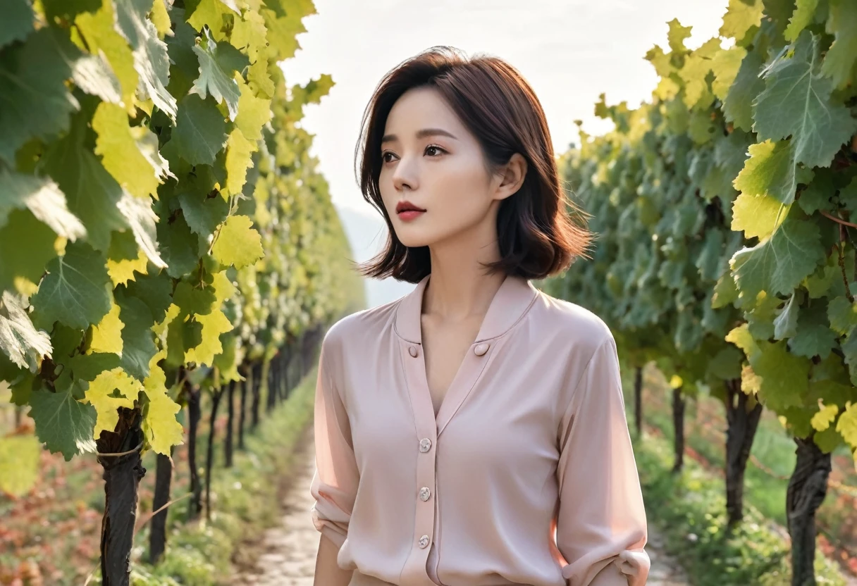 8k, high quality, Vivid picture quality, 아름다운 36세 한국 female. Son Ye-jin is inspired. Short in stature, Short hair, Light pink shirt and luxury Brent short cardigan, beige casual pants, Dawn fog, italian countryside dawn, Vineyard covered in thick fog, Cathedral. Walking on a curved path, look up. Full body with Canon camera 16-35 wide angle lens, three-dimensional vines and leaves, female , Walking down a curved path on a hill, Luxury brand sneakers, It's spring so the grapes haven't bloomed yet.
