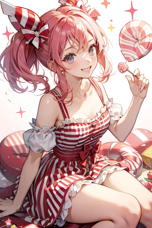 A candy resting within a red and white striped wrapper held with two pink bows. She has a winking face expression. SPARKLE; GLITTER