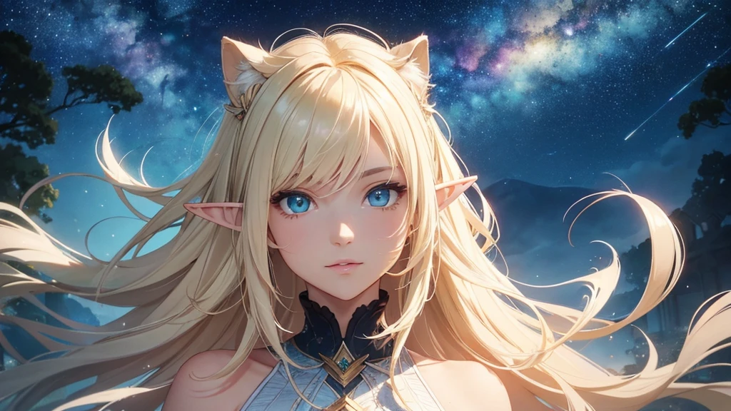 (masterpiece), (Better image quality), (Line drawing) , character "adult elf", (beautiful eyes), (detailed eyes), (detailed face),, Healing (beautiful eyes), (detailed eyes), (detailed face),:, mysterious landscape, gentle smile, loose hair, seated, loose hair anime, bright and shiny blonde hair, beautiful light source, beautiful woman, light eyes, whole body, beautiful face, Perfect structure of the human body, beautiful hair, beautiful light source, Pure white fur texture, perfect skin texture, perfect appearance, and star butterflies float across the scene, while a big shooting star lights up the sky. Smooth and ethereal animation style, with a soft and nocturnal color palette: dark blues, luminous greens and stellar pinks. . The atmosphere is magical and dreamlike."
