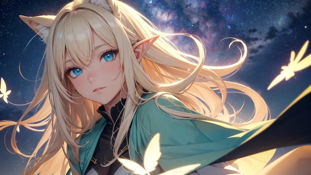 (masterpiece), (Better image quality), (Line drawing) , character "adult elf", (beautiful eyes), (detailed eyes), (detailed face),, Healing (beautiful eyes), (detailed eyes), (detailed face),:, mysterious landscape, gentle smile, loose hair, seated, loose hair anime, bright and shiny blonde hair, beautiful light source, beautiful woman, light eyes, whole body, beautiful face, Perfect structure of the human body, beautiful hair, beautiful light source, Pure white fur texture, perfect skin texture, perfect appearance, and star butterflies float across the scene, while a big shooting star lights up the sky. Smooth and ethereal animation style, with a soft and nocturnal color palette: dark blues, luminous greens and stellar pinks. . The atmosphere is magical and dreamlike."