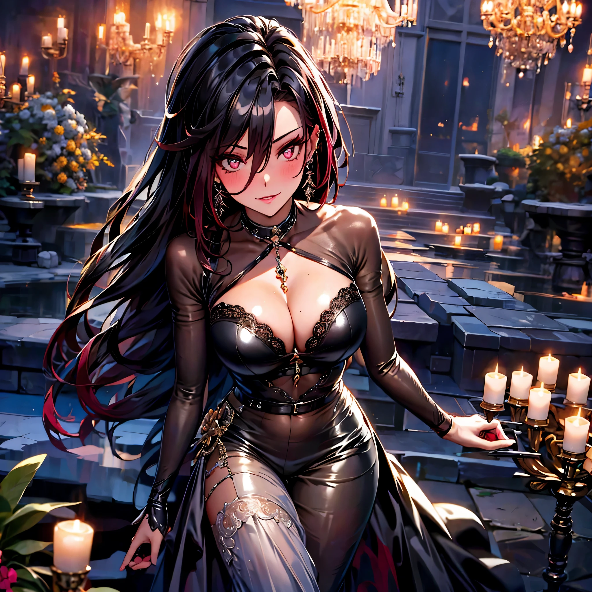 mature woman, 1 girl, alone, solo (masterpiece, best quality, very detailed), sharp focus, detailed face, face focus, focus on face, very detailed eyes, long black cyclamen hair, (cyclamen highlights: 1, 3), side bottom braid, cyclamen red eyes, (sparkling eyes: 1,2), long eyelashes, (strong blush: 1,2), delicate makeup, ((ball lace dress, long skirt, lace, elegant)), Crusader earrings, ear piercing, cinematic lighting, edge lightning, shading, dynamic angle, sharp image, perfect quality, perfectly crafted background, beautiful warm lights, sexy, ballroom, castle, dancing in ballroom, Crystal chandelier, close-up, portrait, solo, flowes