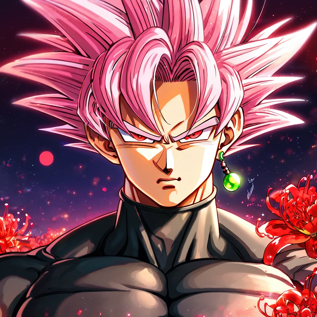 absurdres, highres, ultra detailed, HDR, master piece, best quality, extremely detailed, Goku black, pink hair, green earring, expressive red eyes, Dragon Ball Super, solo, sexy man, handsome, sensual, black clothes, fantasy, red blood water, sparkling, red glittering fireflies, red moon, red blossoms, red spider lilies, red sparkling lights, starry sky, magical