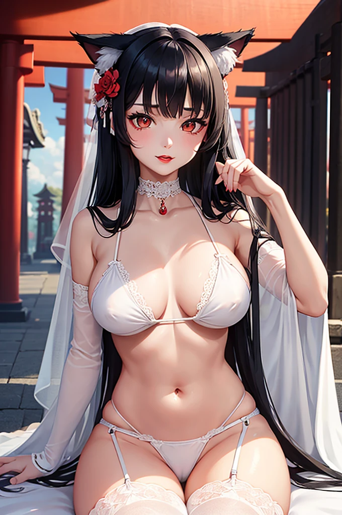 Detailed facial details，16 years old，1 girl，Red lips，Cat ear，Black long hair，Wearing a pure white bikini，Large Breasts，Garter stockings，Slim，Collar，Radiant Skin，Sit on a board，Torii，shrine，flower