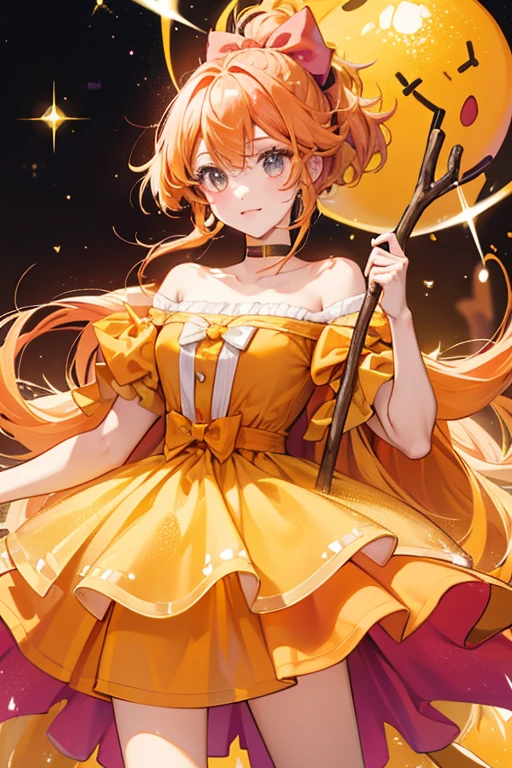 An orange GIRL bear with sections of fuchsia and golden yellow. She has a basic face and a stick peirces the top of her head with a custard-colored bow. . SPARKLE; GLITTER