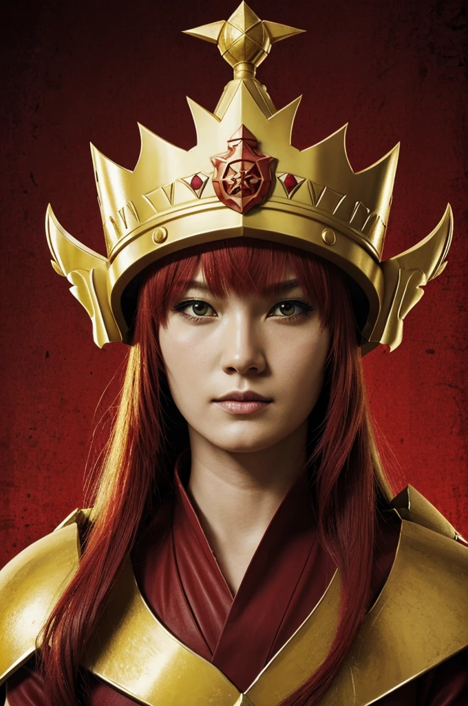 Military shield with image of an evil red lady in anime, On his forehead he wears a golden crown 