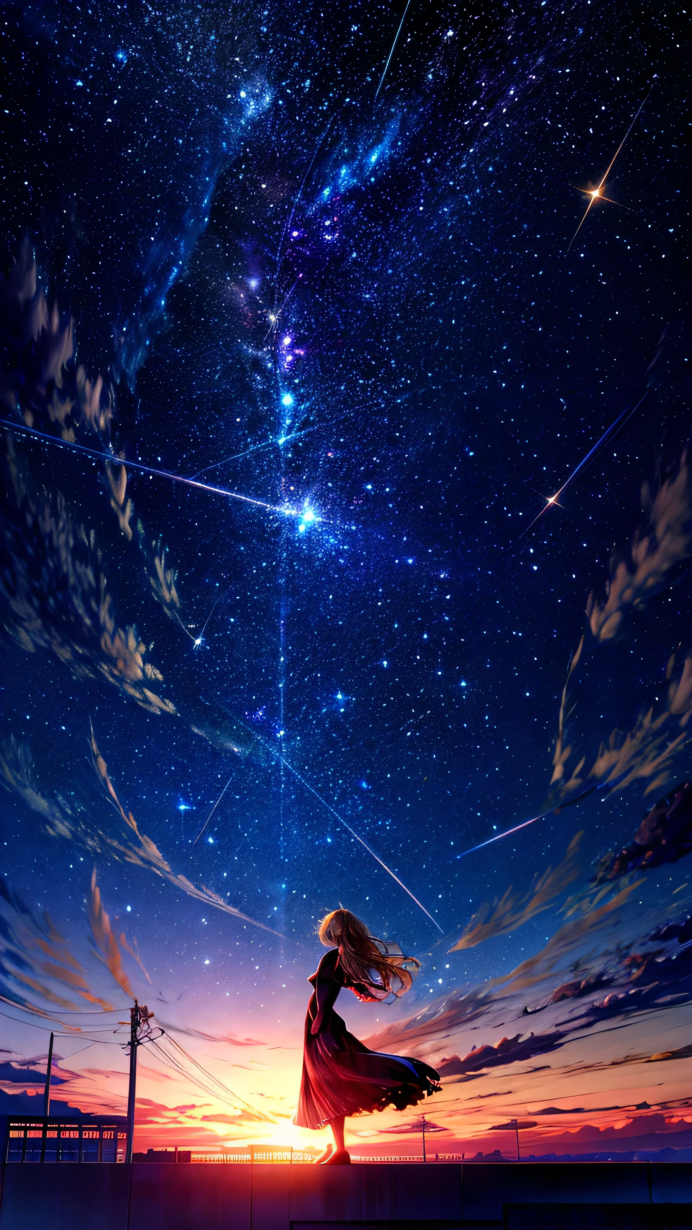 １people々々々々々々々,Blonde long-haired woman， Dress Silhouette， Side view，Space Sky, comet, Anime Style, Starry sky seen from the rooftop，