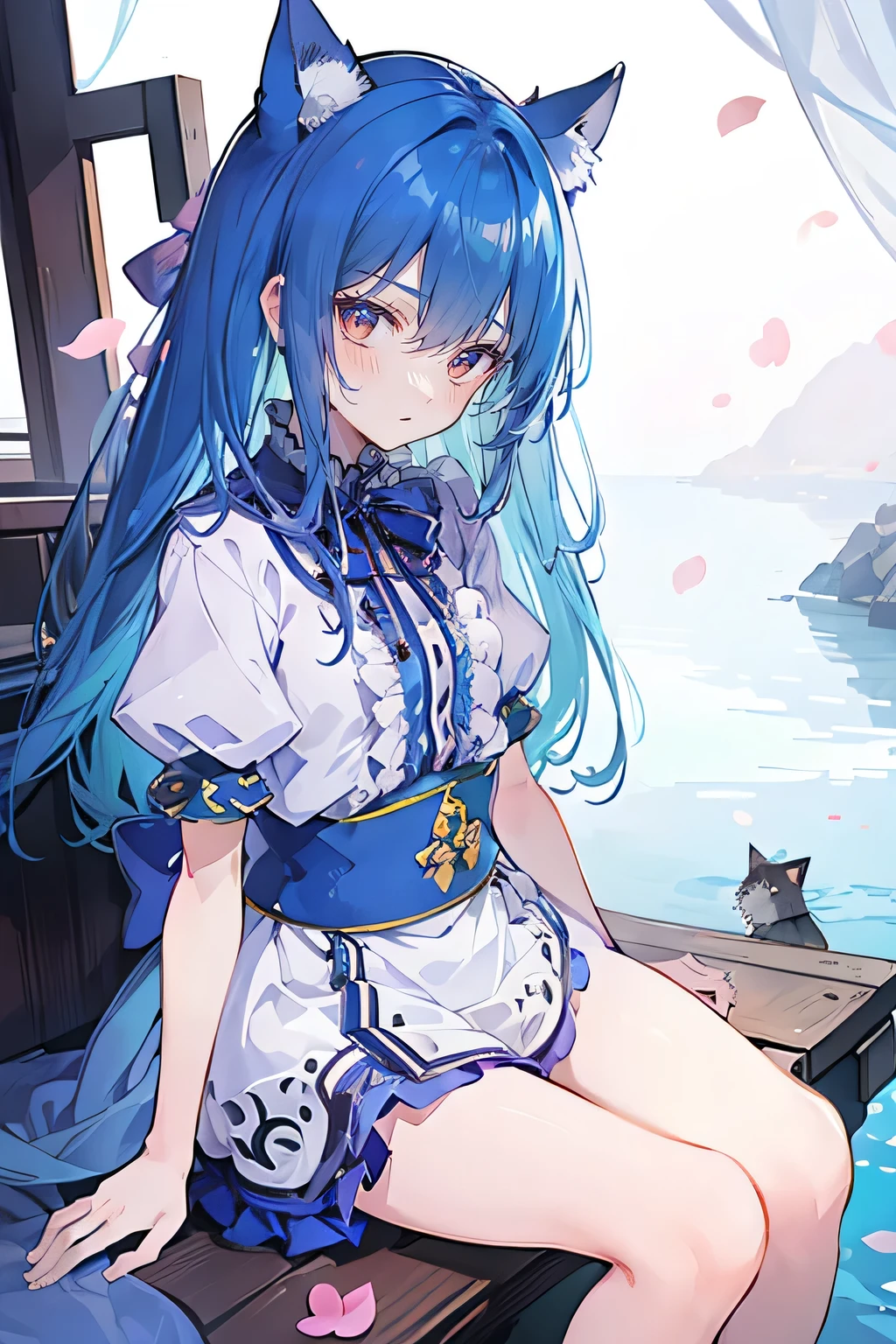 (masterpiece:1.2),ultra-detailed,realistic,expressive eyes,fair-skinned,perfectly shaped face,1girl,
Japanese cartoons,Gorgeous blue hair, flowing blue hair,floating clothes,cat ears,petals falling,beautiful Lola,Hina Angel,
hands on waist,gracefully sitting on the ground,legs crossed,gentle and serene background,cool and comfortable pavilion.